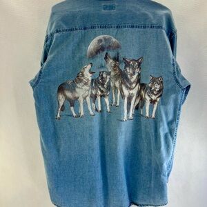 Vintage 90s International Wolf Center Denim Shirt Polar Graphics USA Wolf Pack M